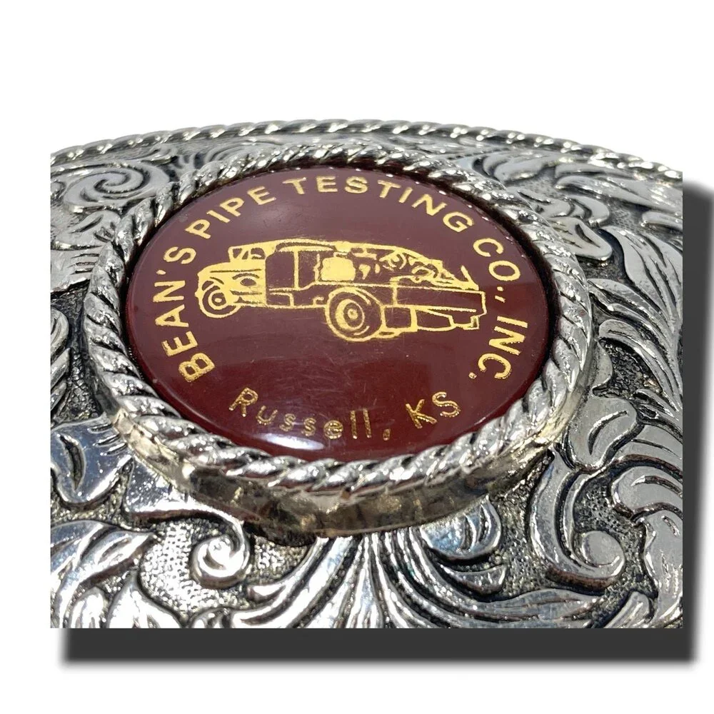 Belt Buckle Bean's Pipe Testing Co, Inc. Russell, Kansas Silver Color Oval Weste